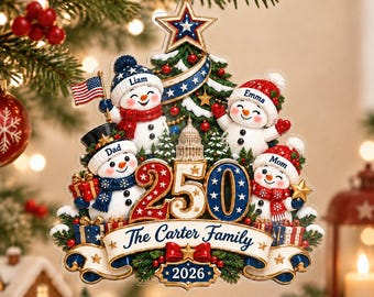 Personalized 250 Years Anniversary Ornament, Snowman Family Ornament, 250 Years Of Freedom Christmas Ornament, Patriotic Family Holiday Gift