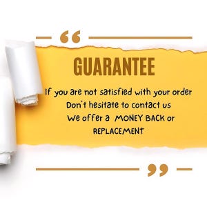 May include: Image with the word "GUARANTEE" in large, bold, brown letters on a yellow background. The text promises a money-back or replacement option if the customer is unsatisfied. White paper rolls are in the upper left.