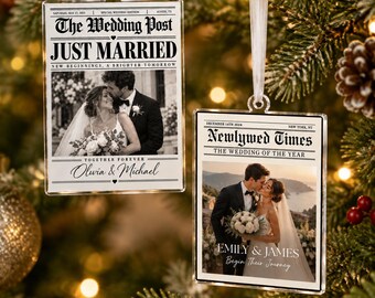 Personalized Wedding Photo Newspaper Ornament, Newlywed Times Ornament, Just Married Ornament, First Anniversary Christmas Gift for Couple