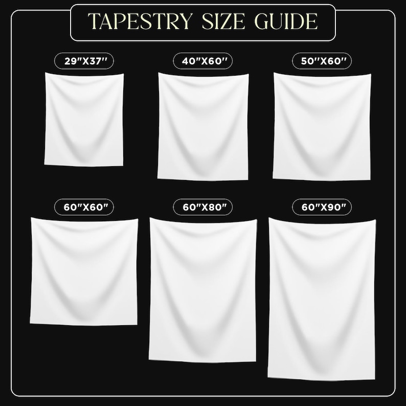 May include: A tapestry size guide on a black background. The guide displays six white tapestries of varying sizes, including 29"x37", 40"x60", 50"x60", 60"x60", 60"x80", and 60"x90". The text "TAPESTRY SIZE GUIDE" is at the top.