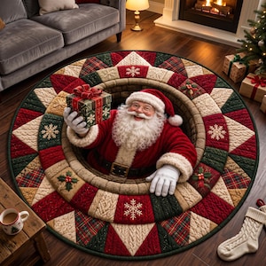 May include: A round Christmas tree skirt featuring a 3D-effect hole in the center with Santa Claus emerging from it. The design includes a red, green, and cream patchwork pattern with snowflake and holly motifs, and Santa holds a gift box.