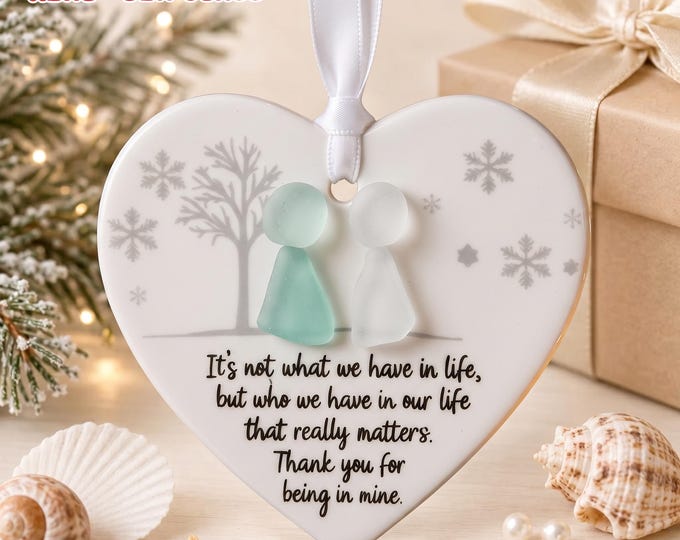 Heart-Shaped 3D Sea Glass Friendship Ornament Timeless Friendship Ceramic Keepsake Birthday Christmas Thanksgiving Gifts for Friends,Sisters