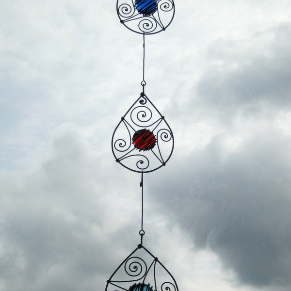 Metal Mobile Sculpture With Three Wire Drops With Glass Cabochons In Pale Turquoise, Blue And Red