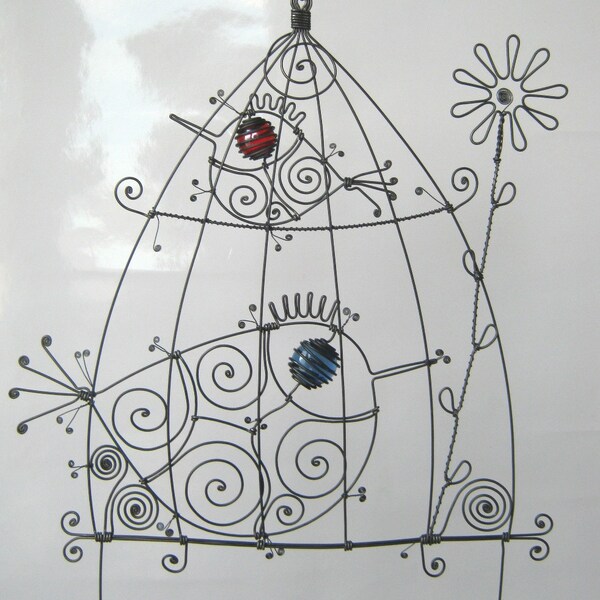 Wire Birdcage Sculpture In Blue And Red / Metal Sculpture