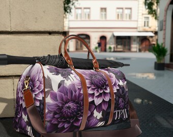 Personalized Purple Dahlia Design Waterproof Travel Bag | Floral Carry on Bag | Leisure Weekender Duffel | Gift for her him