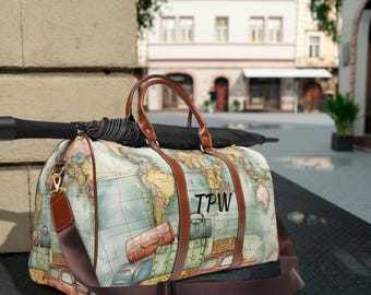 Personalized Vintage Travel Design Waterproof Travel Bag | Vintage Map Carry on Bag | Leisure Weekender Duffel | Gift for her him