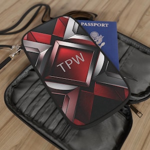Cartera de pasaporte geométrica roja personalizada / Estuche de transporte personalizado para ella y él / Estuche para pasaporte con correa para el hombro y la muñeca con cremallera