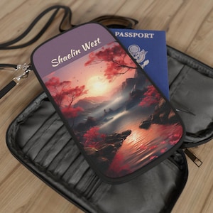 Cartera para pasaporte personalizada con diseño de atardecer en flor / Estuche de transporte personalizado para ella / Funda para pasaporte con correa para el hombro y cremallera para la muñeca