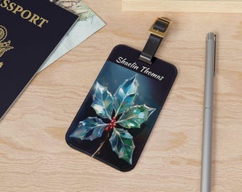 Personalized Birth Flower December Holly Luggage Tag | Suitcase Identification for Her Him | Never Lose Your Bag Adjustable Leather Strap