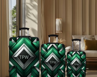 Personalized Sleek Geometric Green Suitcase Cover | Colorful Geometric Aesthetic Luggage Wrap | Tech Travel Essentials