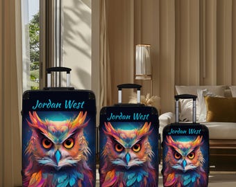 Personalized Owl Suitcase Cover | Colorful Animal Aesthetic Luggage Wrap | Wildlife Travel Essentials