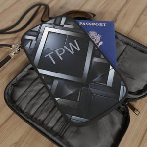 Cartera de pasaporte geométrica en escala de grises personalizada / Estuche de transporte personalizado para ella y él / Estuche para pasaporte con correa para el hombro con cremallera