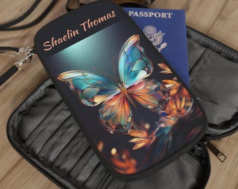 Personalized Luminous Butterflies Passport Wallet | Custom Carrying Case for Her Him | Zippered Wrist & Shoulder Strap Passport Holder
