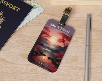 Personalized Blossom Sunset Luggage Tag | Suitcase Identification for Her Him | Never Lose Your Bag Adjustable Leather Strap