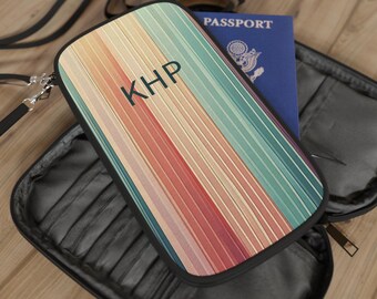 Personalized Retro Striped Passport Wallet | Custom Carrying Case for her | Zippered Wrist Shoulder Strap Passport Holder