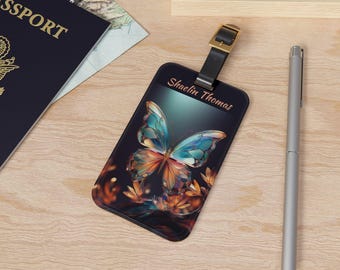 Personalized Luminous Butterfly Luggage Tag | Suitcase Identification for Her Him | Never Lose Your Bag Adjustable Leather Strap