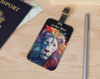Personalized Colorful Lion Luggage Tag | Suitcase Identification for Her Him | Never Lose Your Bag Adjustable Leather Strap