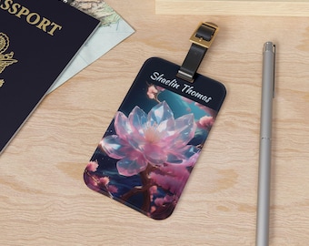 Personalized Birth Flower March Sakura Luggage Tag | Suitcase Identification for Her Him | Never Lose Your Bag Adjustable Leather Strap