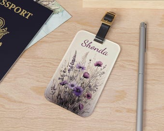 Personalized Purple Watercolor Wildflowers Luggage Tag | Suitcase Identification for Her Him | Never Lose Your Bags Adjustable Leather Strap