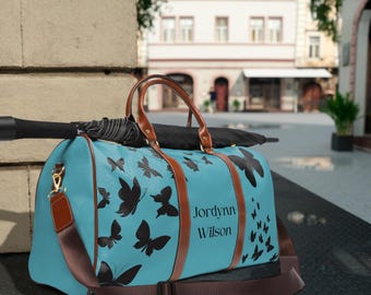 Personalized Ink Butterflies Design Waterproof Travel Bag | Floral Carry on Bag | Leisure Weekender Duffel | Gift for her him