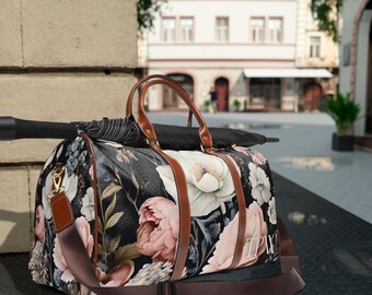 Personalized Midnight Floral Design Waterproof Travel Bag | Floral Carry on Bag | Leisure Weekender Duffel | Gift for her him