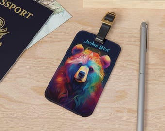 Personalized Colorful Bear Luggage Tag | Suitcase Identification for Her Him | Never Lose Your Bag Adjustable Leather Strap