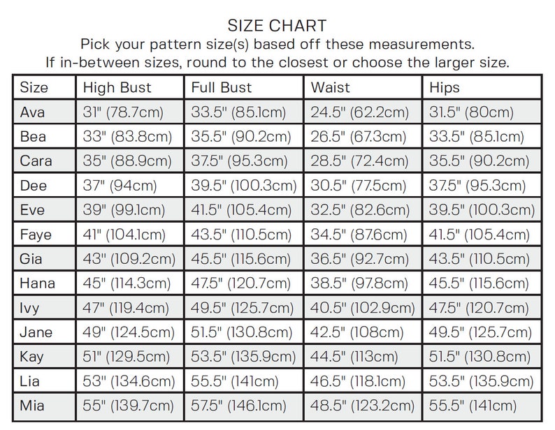 Sewing Pattern Chart Lily Top Sewing Pattern (PDF) - Etsy