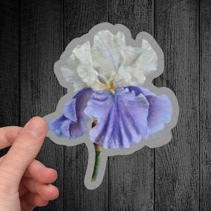 Zart blaue Iris weiche Pastell wasserdichte Aufkleber, Blumenaufkleber, Gärtnergeschenk, Blumenaufkleber, Cottagecore Aufkleber, Mutter Geschenk, Geschenk für sie