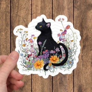 Schwarze Katze Blumen Aufkleber, schwarze Katze Aufkleber, Kindle Aufkleber, Selbstpflege Aufkleber, entspannender Aufkleber, Hexe Dekor, Journal, Ästhetik