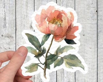 Waterproof Vinyl Peony Sticker – Floral Flower Sticker, Aesthetic Peony Decal, Cute Pink Flower Sticker for Laptop, Journal, Planner