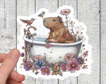 Capybara in Bathtub Waterproof Sticker, Floral Decal