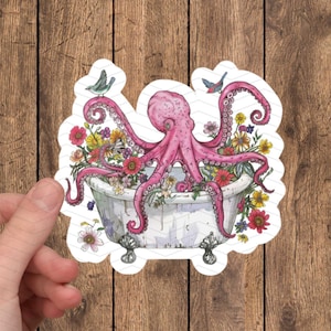 Sticker floral imperméable poulpe rose dans une baignoire, sticker pieuvre, autocollant spa, autocollant Kindle, autocollant soins personnels, sticker relaxant, cadeau