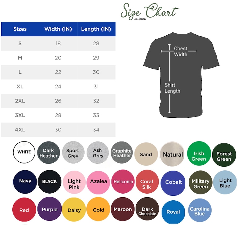May include: A size chart for unisex t-shirts, with measurements in inches. The chart includes sizes S to 4XL, with corresponding widths and lengths. Color options are displayed in circles, including white, black, and various shades of green and blue.