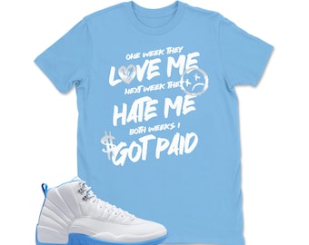Camiseta a juego con las Jordan 12 retro en blanco y azul universitario, camisetas con emblema de zapatillas, camiseta blanca