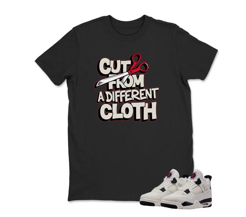May include: Black t-shirt with the text "CUT FROM A DIFFERENT CLOTH" in white and red, featuring scissors. A pair of white and black sneakers with red accents are at the bottom of the image.