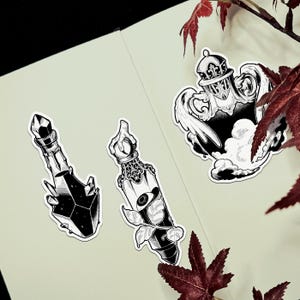 Peut inclure: Trois autocollants noirs et blancs avec des motifs fantastiques. L'un représente une bouteille en cristal, un autre une bouteille avec un œil et des feuilles, et le troisième une urne ailée avec une couronne. Les autocollants sont sur une surface vert clair.