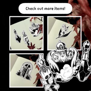 Puede incluir: Una colecci&oacute;n de pegatinas en blanco y negro con ilustraciones g&oacute;ticas y de fantas&iacute;a. Los dise&ntilde;os incluyen botellas de pociones, una puerta y elementos florales. El texto "Check out more items!" se muestra en la parte superior.