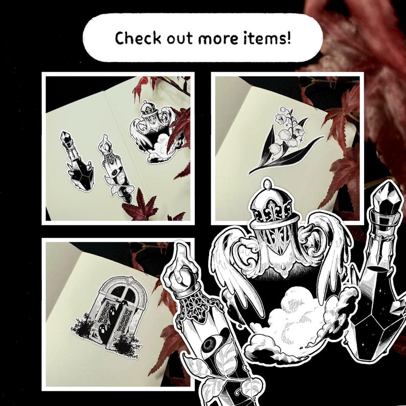 Puede incluir: Una colecci&oacute;n de pegatinas en blanco y negro con ilustraciones g&oacute;ticas y de fantas&iacute;a. Los dise&ntilde;os incluyen botellas de pociones, una puerta y elementos florales. El texto "Check out more items!" se muestra en la parte superior.