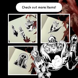 May include: A collection of black and white stickers featuring intricate illustrations of potion bottles, a lily of the valley flower, and a ghost in an arched doorway. The text "Check out more items!" appears at the top of the display.