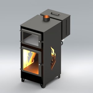 May include: A black metal wood-burning stove with two glass doors and a chimney. The stove features a flame-shaped cutout on the side and a small storage compartment on top. The interior of the stove glows with a warm light.