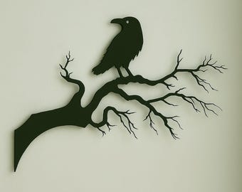 Raven on Branch Metal Wall Art - CNC Laser Cut Design