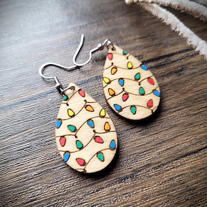 Christmas Light Dangle Earring - Holiday Bulb Wood Earrings - Hand Painted Jewelry - Xmas Decorations - Lights
