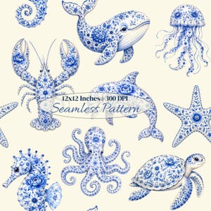 Chinoiserie Costal nahtloses Muster, blaues Meeresleben-Digitalpapier, Aquarell-Ozean-Stranddruck, Meeresvolkskunst-Oberflächendesign PNG