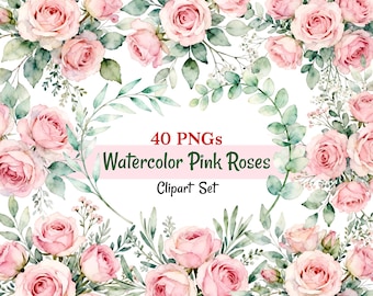 Watercolor Pink Roses Clipart Set | Romantic Flower Bouquets | Botanical Elements for Weddings, Invitations, Cards | PNG Download