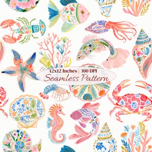 Watercolor Coastal Seamless Pattern, Summer Beach Digital Paper, Colorful Folk Art Ocean Life Fabric Design, Whimsical Nautical Sea Creature