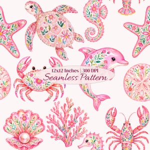 Peut inclure: Un motif sans couture avec des illustrations marines roses et vertes, comprenant une tortue, un hippocampe, un dauphin, un crabe, une étoile de mer et du corail, décorés de motifs floraux. Le texte "12x12 Inches 300 DPI Seamless Pattern" est visible.
