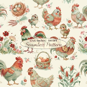 May include: A seamless pattern featuring watercolor illustrations of chickens, chicks, nests, and floral elements. The design includes roosters and hens in shades of red, green, and peach, with the text "12x12 Inches | 300 DPI | Seamless Pattern".