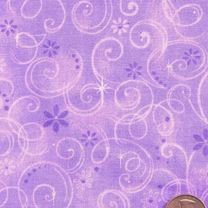 May include: Purple fabric with a white swirl pattern and small purple flowers. The fabric has a subtle shimmer.