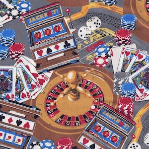 Tessuto di cotone Pima largo 44" con stampa originale, giochi d'azzardo, dadi, assi, 21, carte da casinò, roulette, fiches da poker (venduto da subito)