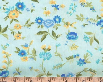 60" wide 100% Cotton floral print Lovely fabric Aqua with blue and yellow flowers Green Leaves (sold BTY) Clothing Apparel Dress Spring